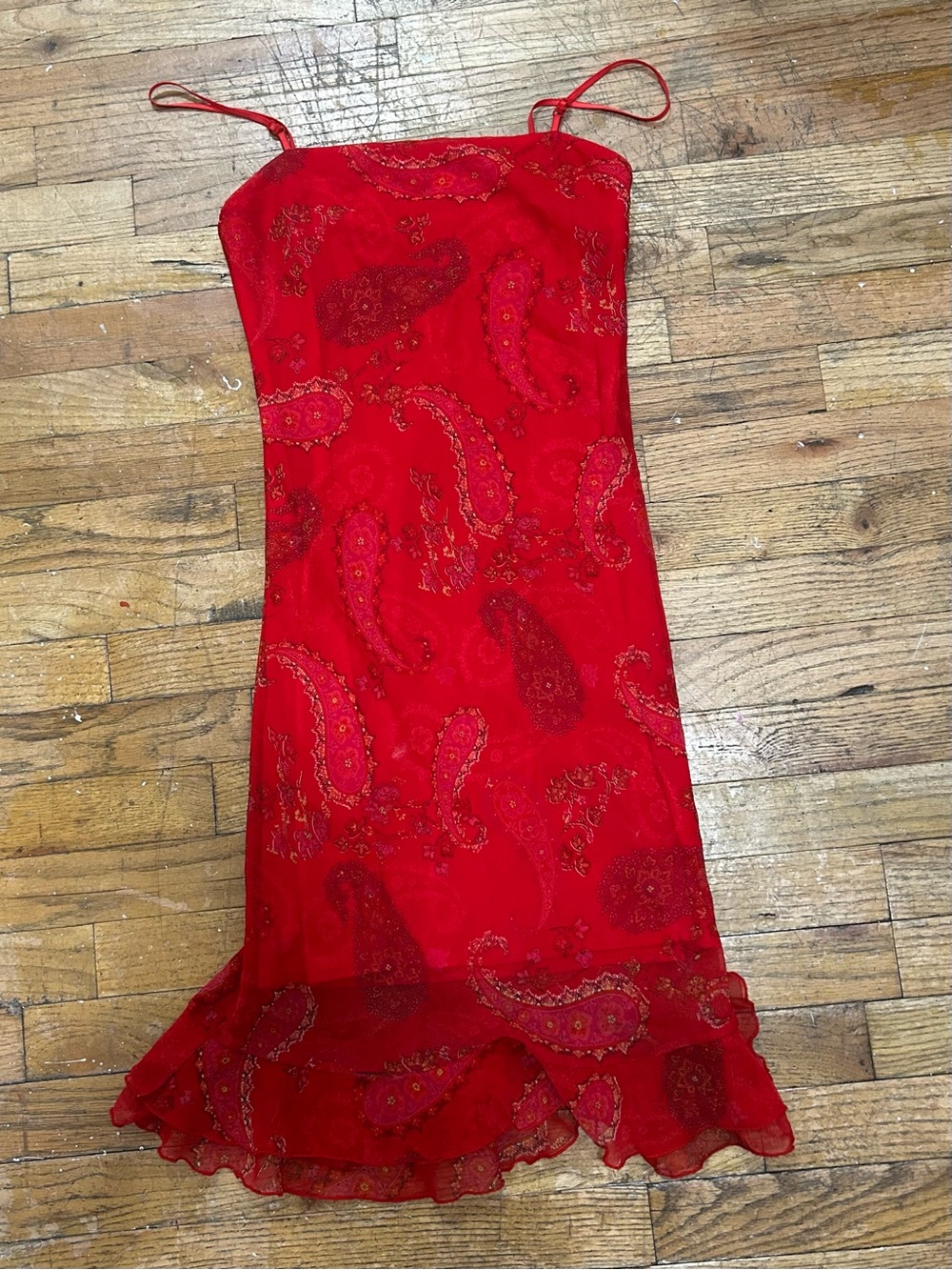 City Triangles Red Paisley Slip Midi Skirt with Ruffle Hem